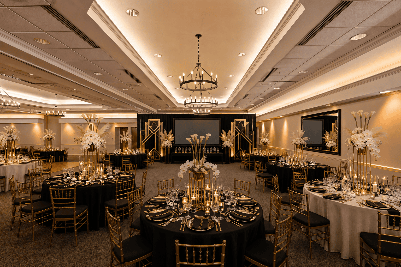 Art deco black and gold gala at Rumsey Event Center